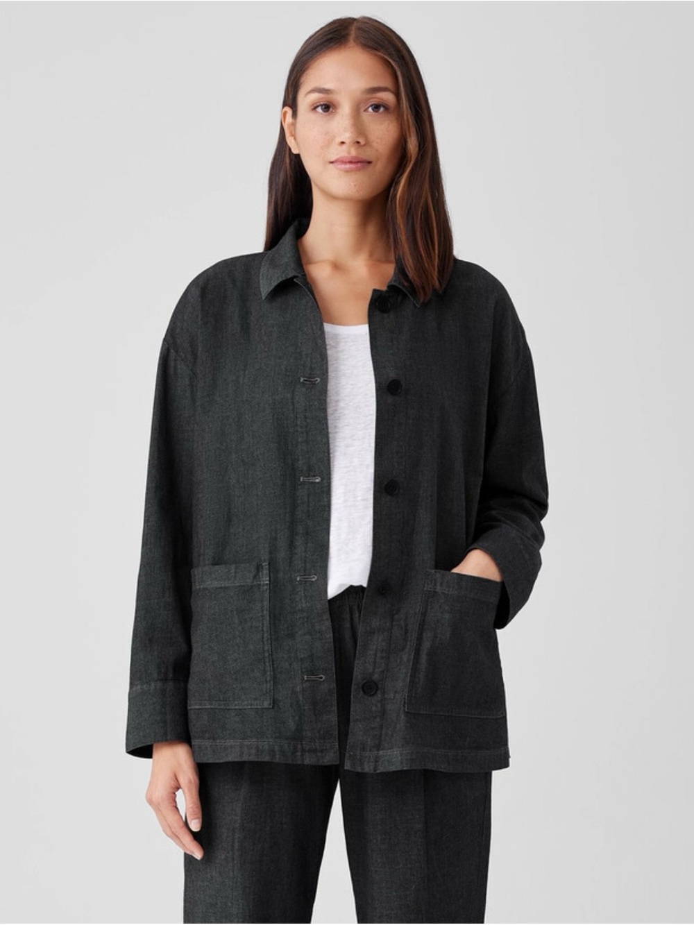 Eileen Fisher Black Twill Button Shirt Jacket Size s/p